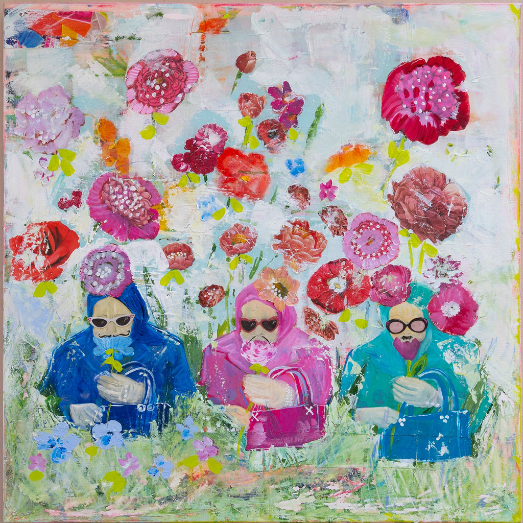 <b>“Up to No Good” </b><br>Don’t let their kind little souls fool you – these 3 ladies are using their mustaches for mischief! <br>30x30 <br>Acrylic and Mixed Media on Gallery Wrapped Canvas