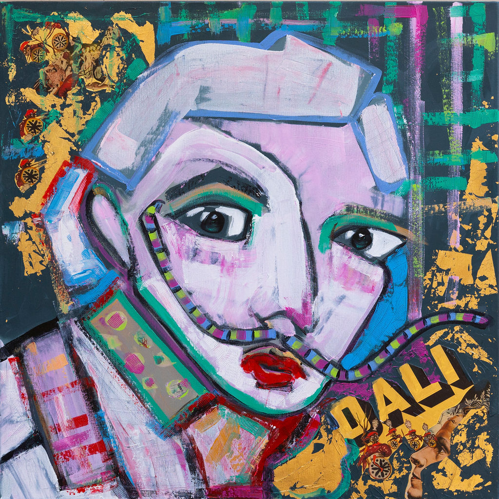 <b>“The Dali” </b><br>As one of history’s greatest surrealists (and owner of history’s most famous mustache), Dali’s  image and theatrical energy shine through in this technicolored portrait. <br>30x30 <br>Acrylic and Mixed Media on Gallery Wrapped Canvas