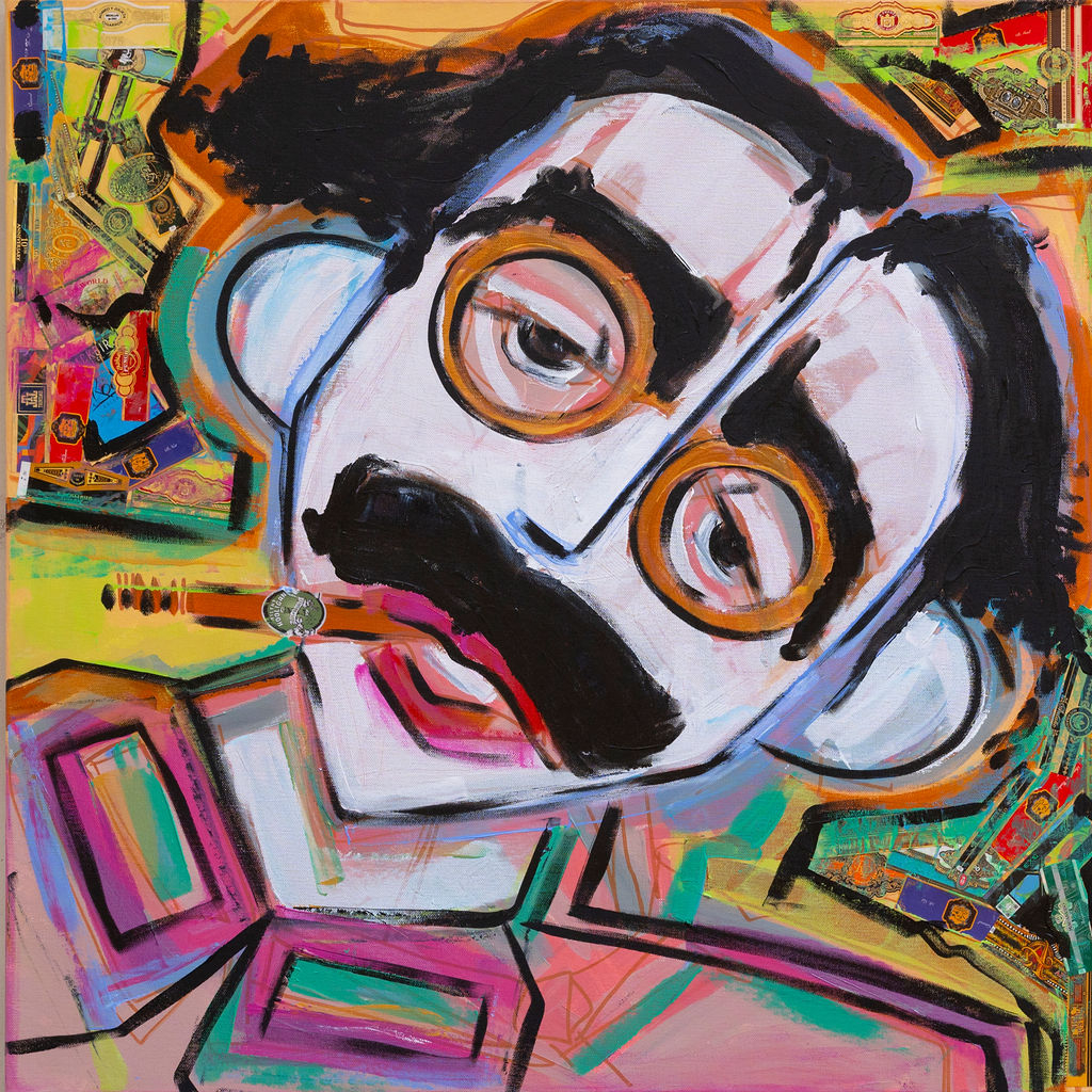 <b>“Mucho Groucho”</b><br> One of the most recognizable characters of all time! Born in 1890 in NYC as Julies Henry Marx, “Groucho’s” legendary look still rocks the stache today. <br>30x30 <br>Acrylic and Mixed Media on Gallery Wrapped Canvas